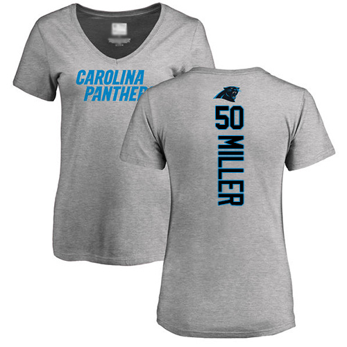 Carolina Panthers Ash Women Christian Miller Backer V-Neck NFL Football #50 T Shirt->women nfl jersey->Women Jersey
